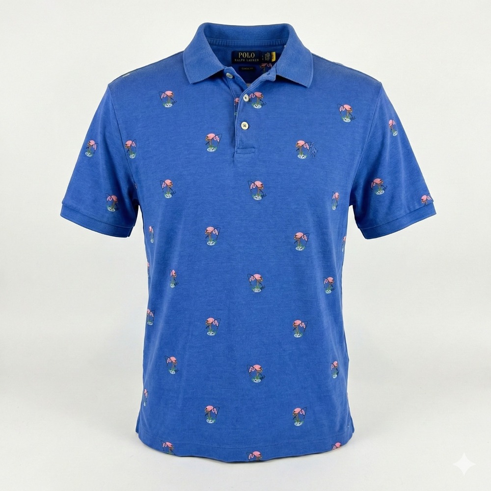 Polo Ralph Lauren‎ Classic Fit Flamingo Polo Shirt Mens L Blue Embroidered AOP